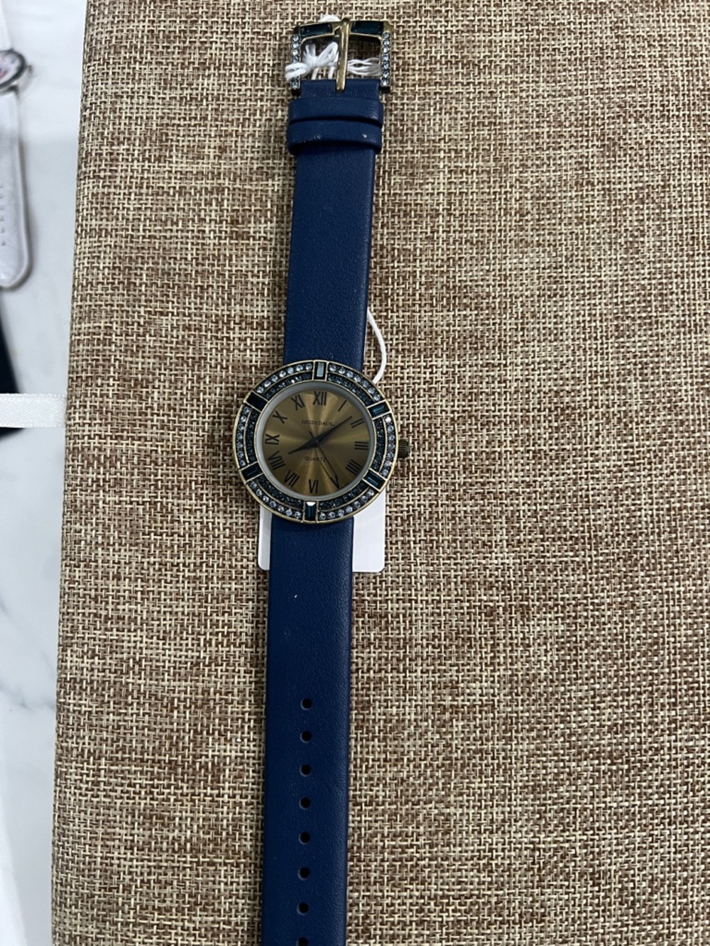 Heidi Daus Blue Leather Watch with Gold-Tone Crystal Bezel